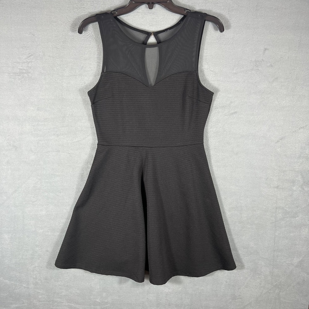 Black Sleeveless Mesh Keyhole‎ Ribbed Fit & Flare Mini Dress Women's Size Small